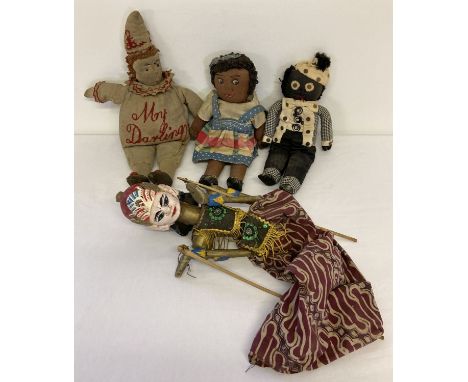 3 vintage soft bodied, cloth dolls together with an Oriental wooden stick puppet.  