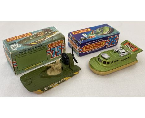 2 boxed 1970's Matchbox Superfast diecast boats, #2 Rescue Hovercraft &amp; #30 Swamp Rat. Beige &amp; light metallic green h