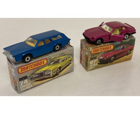 2 boxed 1970's Matchbox 75 diecast cars, #74 Cougar Villager together with #67 Datsun 260-Z. Metallic blue Cougar with tan in