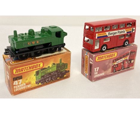 2 boxed 1970's Matchbox 75 diecast vehicles, #17 The Londoner together with #47 Pannier Locomotive. Red double decker London 