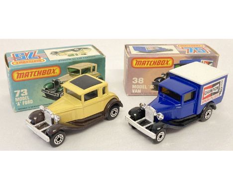 2 boxed Matchbox 75 diecast Ford vehicles, #38 Model 'A' Van together with #73 Model 'A' Ford. Dark blue van with black base 