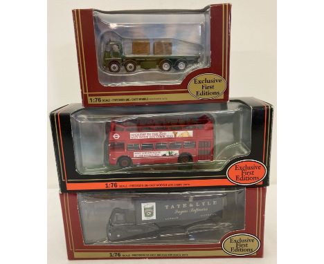 3 boxed Exclusive First Editions 1:76 scale diecast vehicles, 2 lorries and a bus. E.R.F. KV 4 Anxle Flatbed Chain Bridge Hon