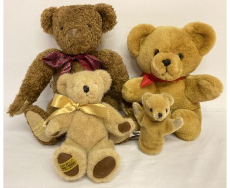 A collection of 4 vintage and modern Merrythought teddy bears to include 14" dark brown "Mischief". Lot also includes vintage