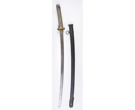 * Sword. WWII Japanese katana, the 70 cm curved steel blade numbered 23066, brass habaki, gilt metal pierced tsuba, the coppe