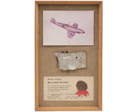 * Battle of Britain. Messerschmitt Bf 109E/1, Werke Nr. 3177, a small aluminium relic from this downed aircraft, presented in