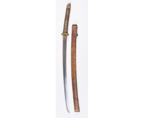 * Sword. A WWII Japanese katana, the 65 cm steel blade with a good hamon, brass habaki, gilt metal tsuba cast with petals, co
