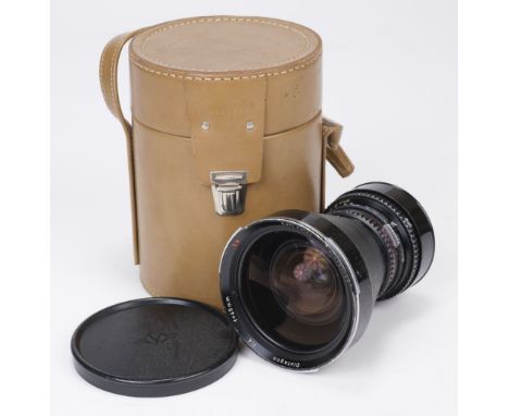 * Camera Lens. Hasselblad Carl Zeiss f=40mm 1:4 Distagon T* black V mount lens, with Synchro Compur shutter, with lens caps a