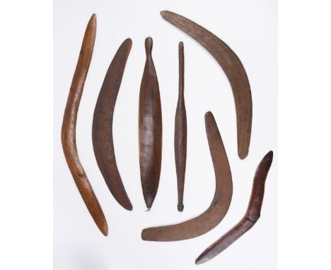 * Tribal Art. A collection of Aboriginal hardwood boomerangs, probably eucalyptus wood, the largest 91 cm, the smallest 55 cm