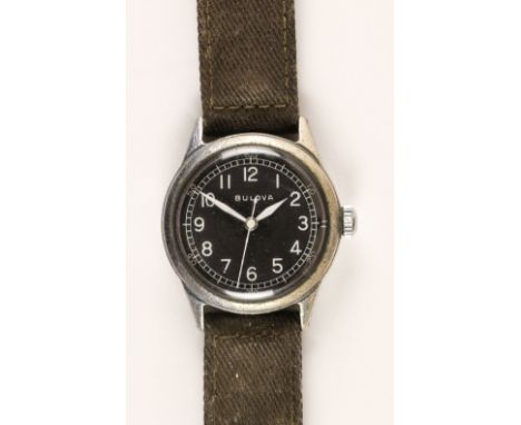 * Pilot's Wristwatch. WWII RAF Bulova A-II military wristwatch, black circular dial with Arabic numerals and illuminated hand
