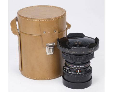 * Camera Lens. Hasselblad Carl Zeiss f=30mm 1:3.5 F. Distagon T* black V mount lens, with Synchro Compur shutter, with lens c
