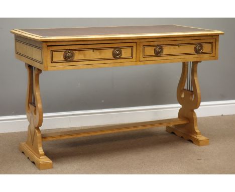 19th century satinwood sofa table, rectangular top with tooled leather inset, two drawers, on lyre shaped supports, W122cm, H