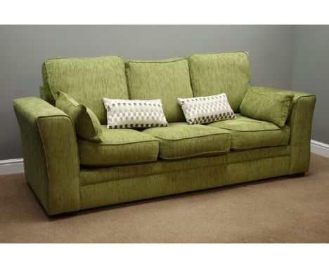 Three seat sofa upholstered in green, W220cm, D87cm    Condition Report   Click here for further images, condition, auction t