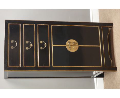 Chinese black lacquered cabinet, three drawers and cupboard, W60cm, H131cm, D50cm   Condition Report   Click here for further