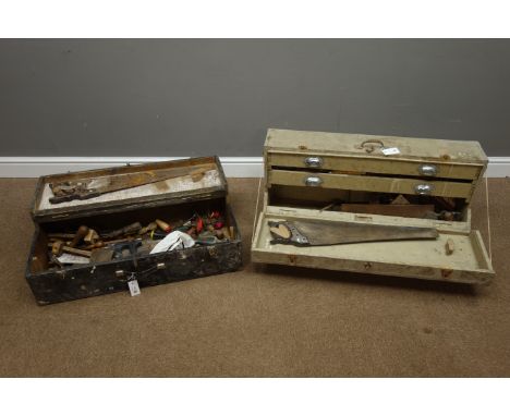Black painted tool chest with various woodworking tools and another wooden tool chest with internal drawers with contents    