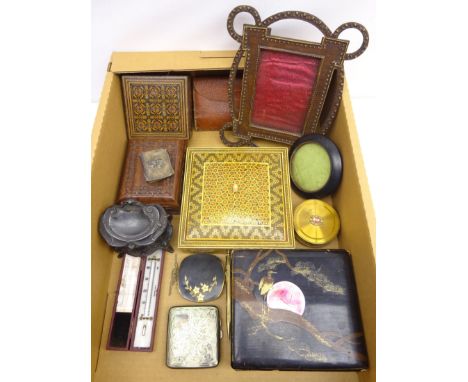 Silver mounted common prayer book, Birmingham 1905, intricate Indian inlaid box with fitted interior, hinged carved wood box,