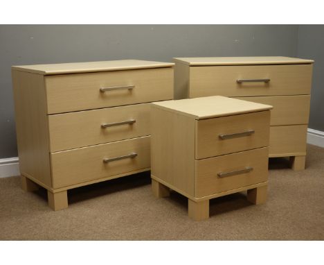Two light wood finish three drawer chests (W82cm, D45cm, H72cm), and matching bedside   Condition Report   Click here for fur