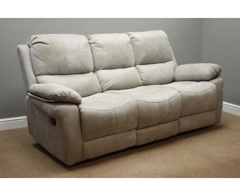 The Range Furniture 'Indiana' three seat manual reclining sofa upholstered in grey suede type fabric, W200cm   Condition Repo