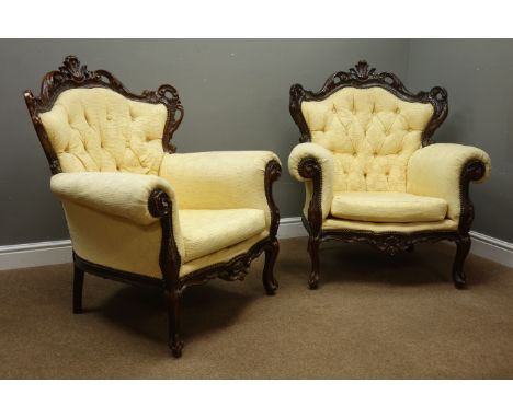 Italian style ornate carved beech framed three seat sofa (W204cm, H105cm, D85cm), and matching pair armchairs (W90cm, H105cm,