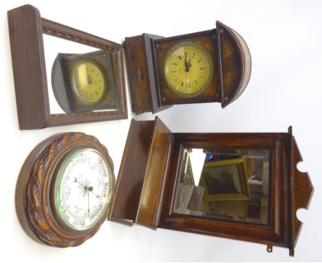 20th century oak framed toilet mirror, H48cm painted oak wall mirror, Alder & Co. circular barometer in oak rope twist frame 