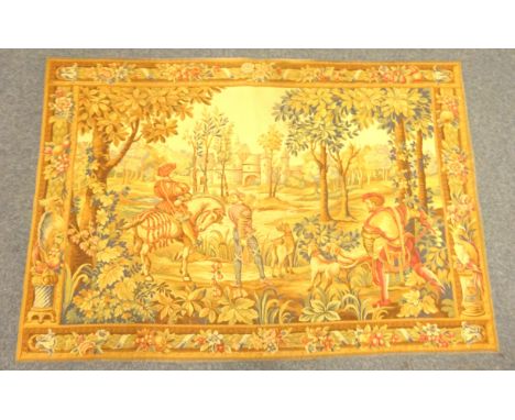 French Ponte De L'Halluin machine woven tapestry wall hanging featuring a Hunting Scene with Border of Flowers and Fruits, be