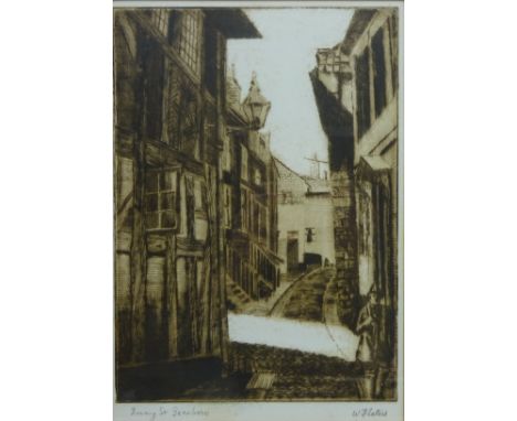 'Quay St Scarborough', etching signed and titled in pencil by W. Flatters dated 1940 on Wakefield City Art Gallery label vers