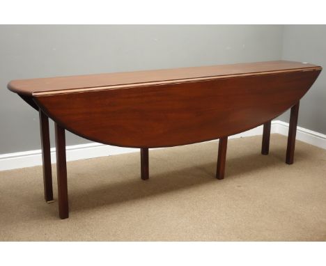 Late 20th century mahogany hunt/wake table, oval drop leaf top, gate leg action base with moulded supports, 230cm x 121cm, H7