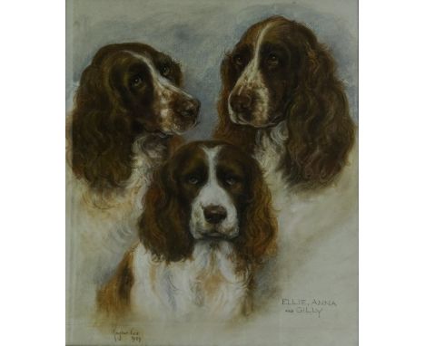  Portrait of Three Spaniels, 20th century pastel signed and dated 1989 by Marjorie Cox 57cm x 49cm   Condition Report   Click