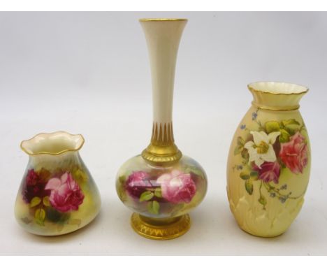 Three early 20th century Royal Worcester vases; a mallet shaped with slender trumpet neck & smaller vase, both hand painted w