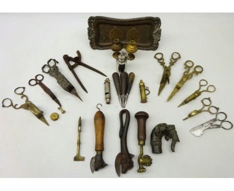 Victorian and later candle snuffers, bow compass, cast hunting dog walking stick pommel, whistle and other paraphernalia in o