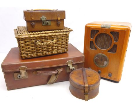 Vintage 1930's style Bush radio, early 20th century leather collar case, small leather case, wicker hamper etc (5)   Conditio