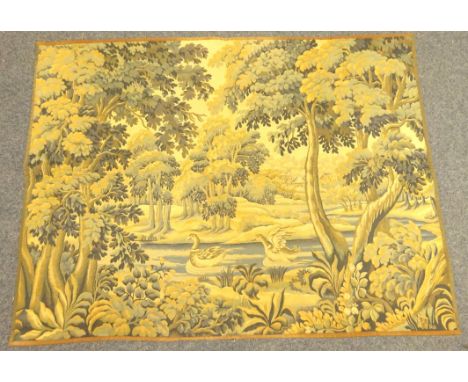 French Ponte De L'Halluin machine woven tapestry wall hanging with blue and green weaving on a cream background featuring a w