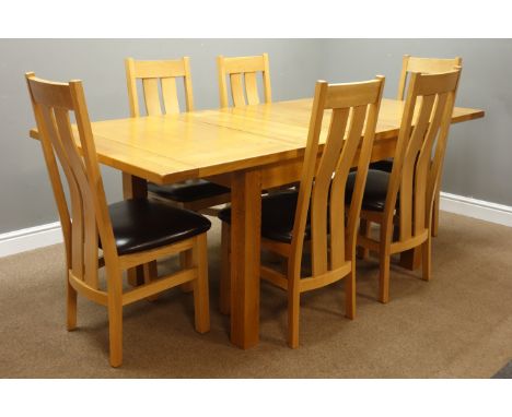 Light oak extending dining table with two leaves (H77cm, 92cm x 132cm - 200cm), and set six light oak high back dining chairs