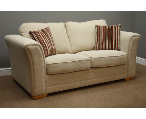 Two seat sofa bed upholstered in neutral fabric, W184cm, D94cm   Condition Report   Click here for further images, condition,