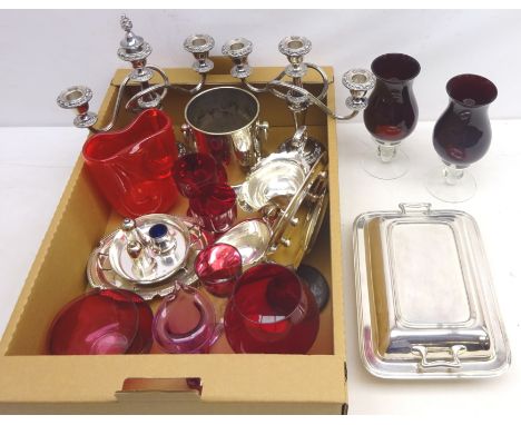 Collingwood silver-plated wine cooler, pair three branch silver-plated candelabra, entree dish, early 20th century cranberry 