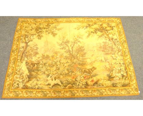 French Panneaux Gobelins machine woven tapestry wall hanging, featuring a woodland landscape looking towards a small village 