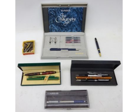 Parker The Calligraphy part set, Parker ballpoint pen, fountain pens and others with some nibs    Condition Report   Click he