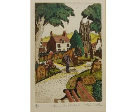 'Love in the Churchyard', limited edition etching hand coloured No.27/60 signed, titled and numbered in pencil by Michael Atk