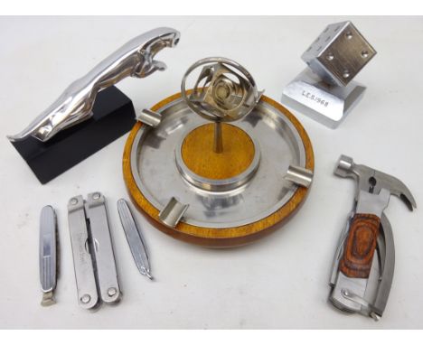 Jaguar type mascot, Art Deco style chrome and oak ashtray, cast alloy dice desk stand etc   Condition Report   Click here for
