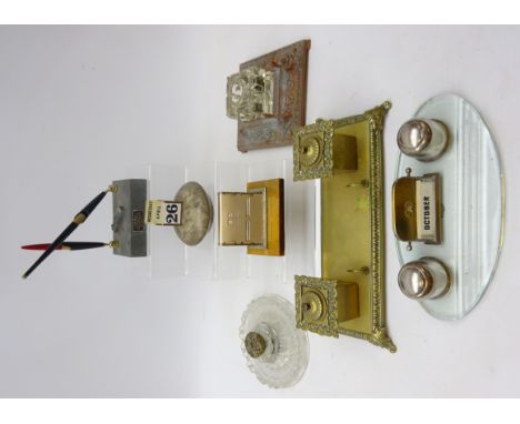 Art Deco glass desk stand with perpetual calendar and two ink wells and a vintage perpetual calendar on polished stone base, 