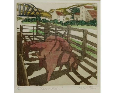 'Ruswarp Auction', limited edition etching hand coloured No.13/60 signed, titled and numbered in pencil by Michael Atkin 28cm
