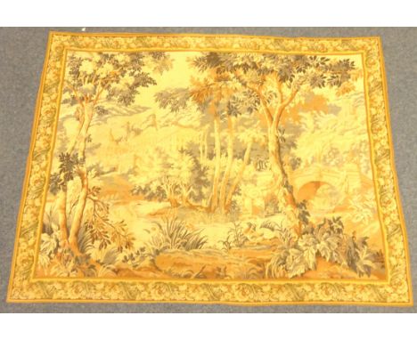 Large French Panneaux Gobelins machine woven tapestry wall hanging, depicting Chateau and the wooded grounds, featuring a lak