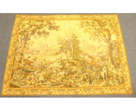 Large French Panneaux Gobelins machine woven tapestry wall hanging featuring a woodland landscape with buildings and animals,
