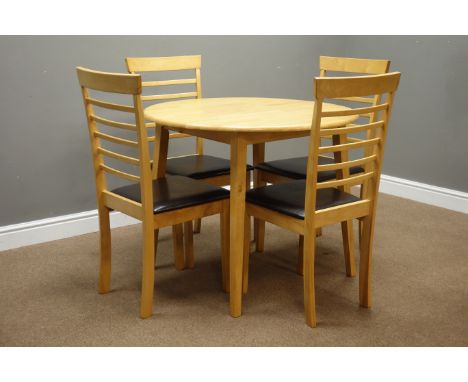 Light wood drop leaf table (D93cm, H75cm), and four chairs   Condition Report   Click here for further images, condition, auc