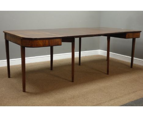 George III figured mahogany 'D' end sectional dining table with two leaves, square tapering supports, 'D' ends with double ga