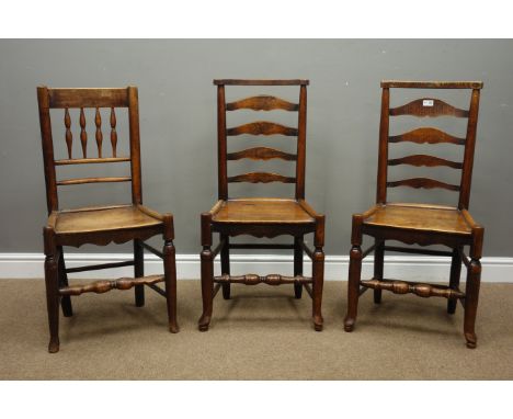 Two country elm and ash ladder back chairs and a spindle back chair   Condition Report   Click here for further images, condi