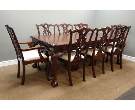 Chippendale style mahogany dining table, rectangular gadroon moulded top, acanthus carved cabriole legs with ball and claw fe