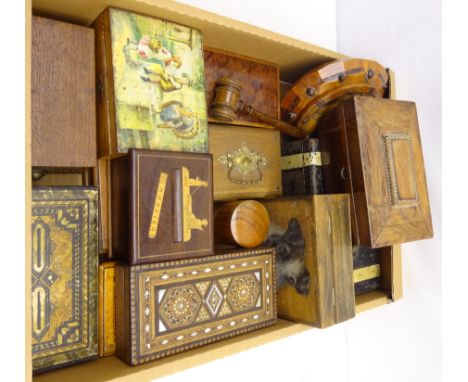 Wooden box hand painted with an image of a dog, tea caddy, painted metal cash box, gavel and other boxes, in one box   Condit