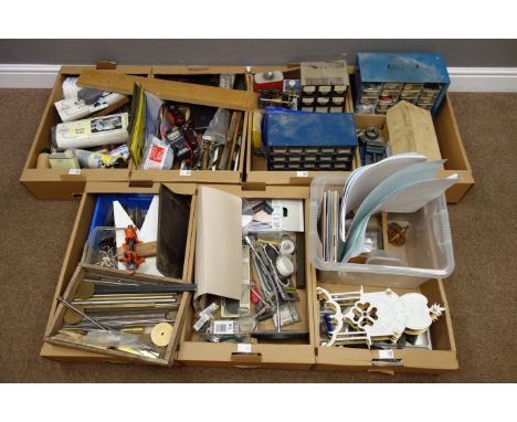 Quantity of clock makers tools and equipment; part started brass skeleton clock project, various stains, wire wool, wire brus