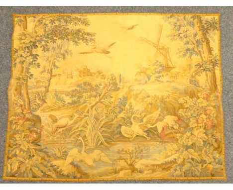 French Panneaux Gobelins machine woven tapestry wall hanging, depicting a lake scene, surrounded by wildlife, with a town and