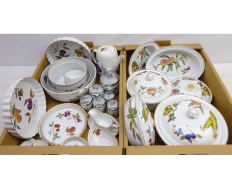 Royal Worcester 'Evesham' coffee pot, storage jars, mixing bowls, tureens and other kitchenalia in two boxes   Condition Repo